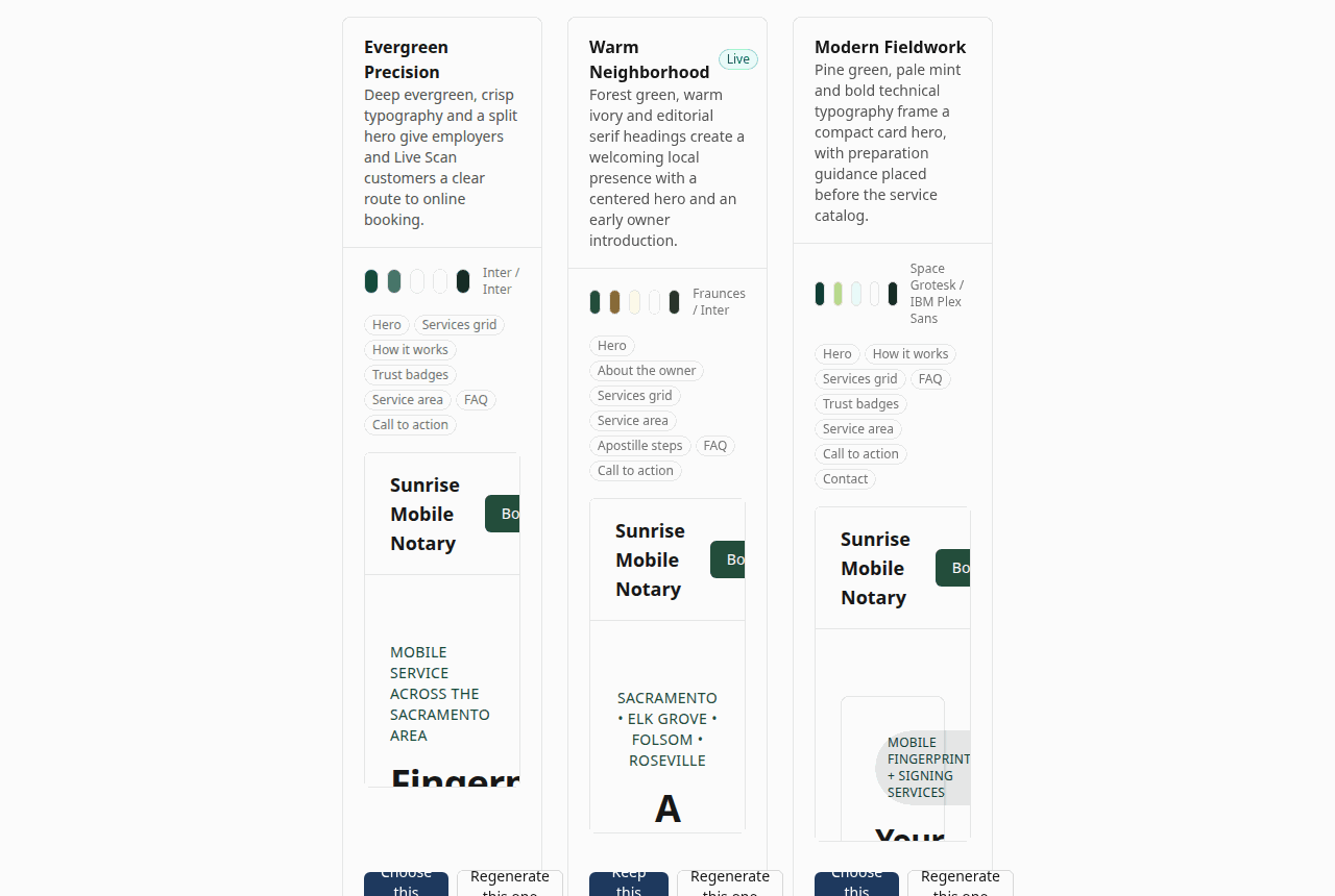 Three generated site designs side by side