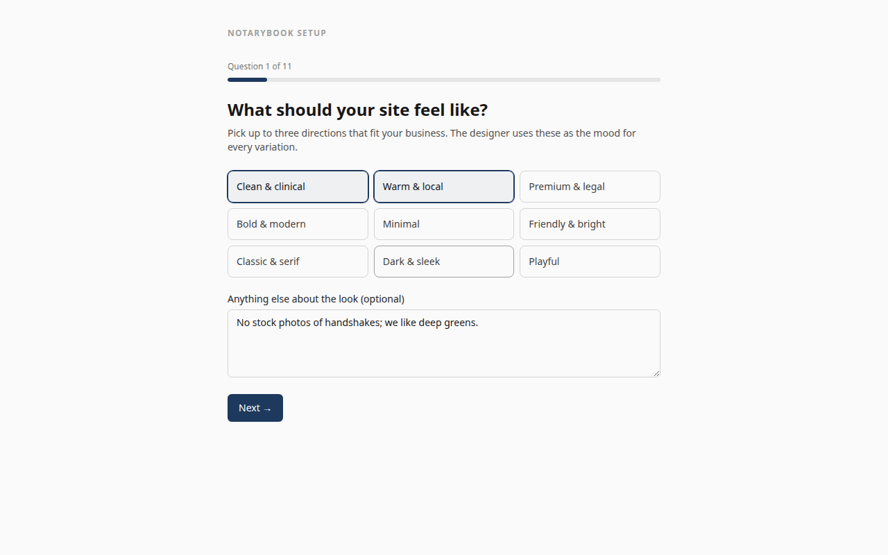 The NotaryBook intake asking what the site should feel like